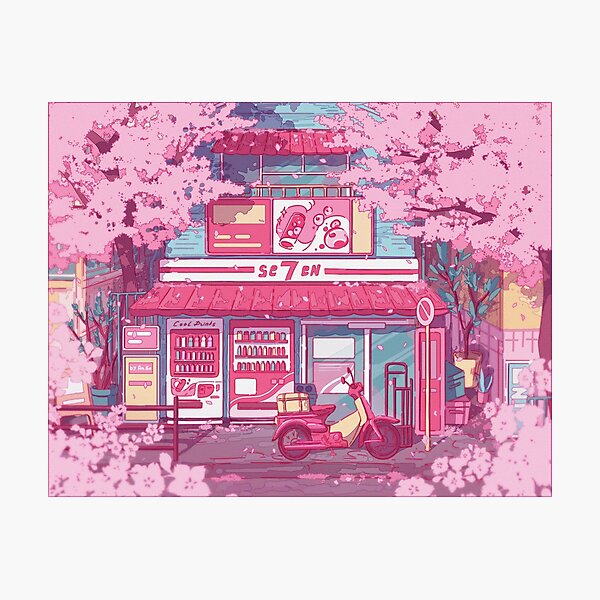 The aesthetic Tokyo street with vending machines and a grocery store Photographic Print