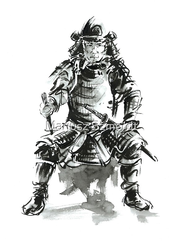 "Samurai ink art print, japanese warrior armor poster" by Mariusz