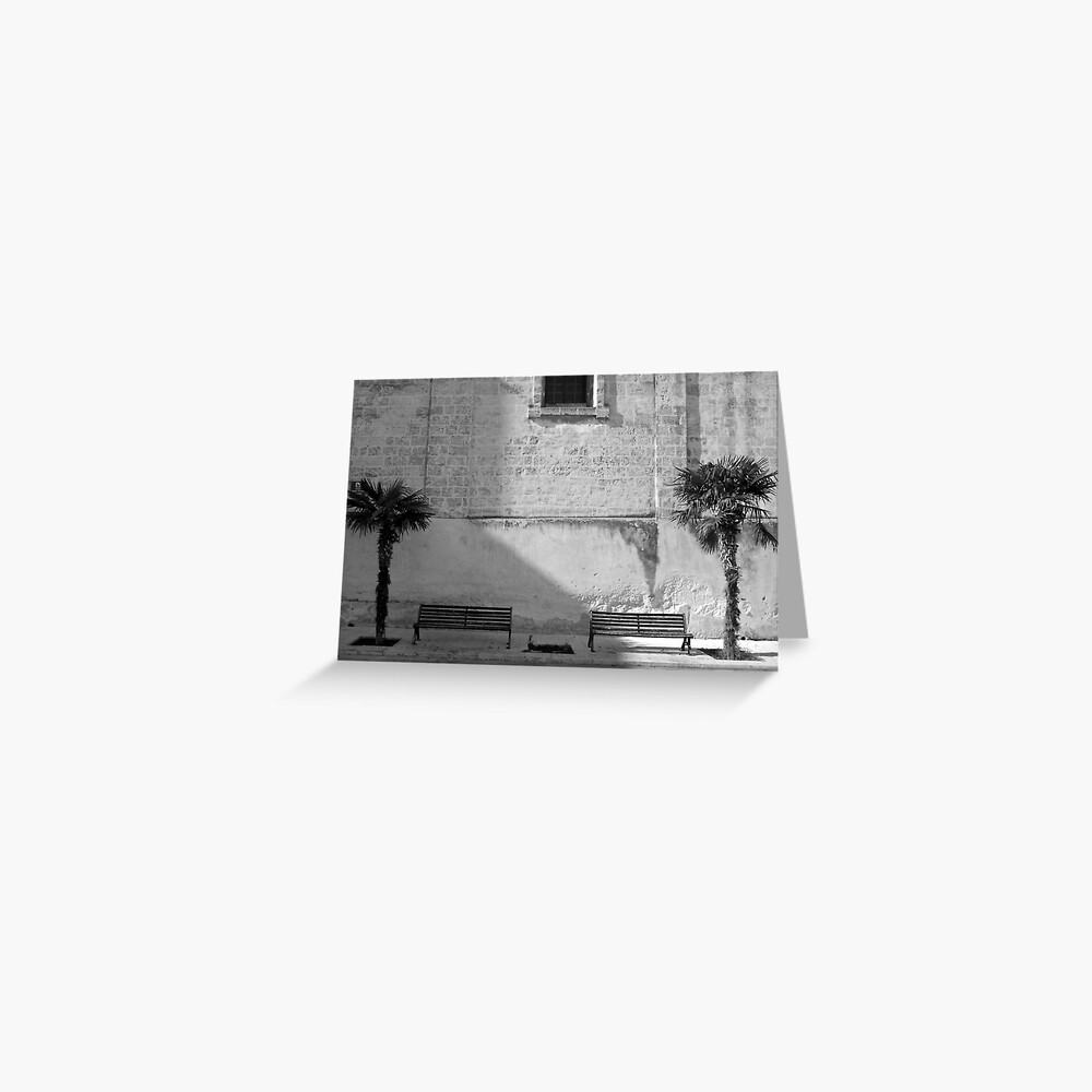 Monochrome bench and trees, Puglia Greeting Card