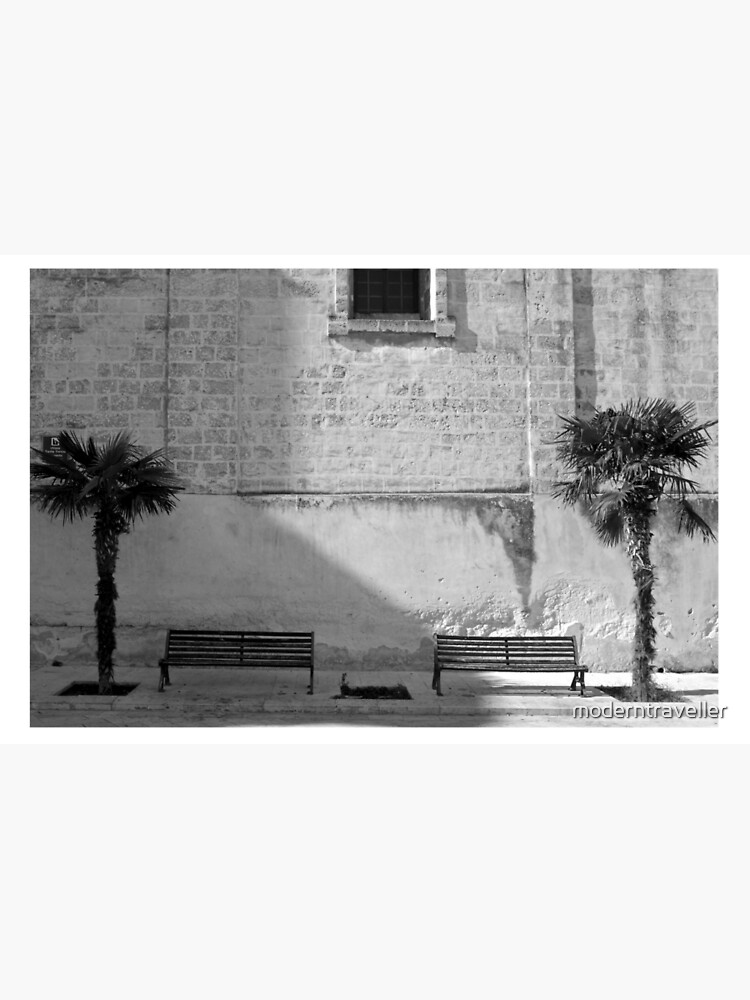 Monochrome bench and trees, Puglia by moderntraveller