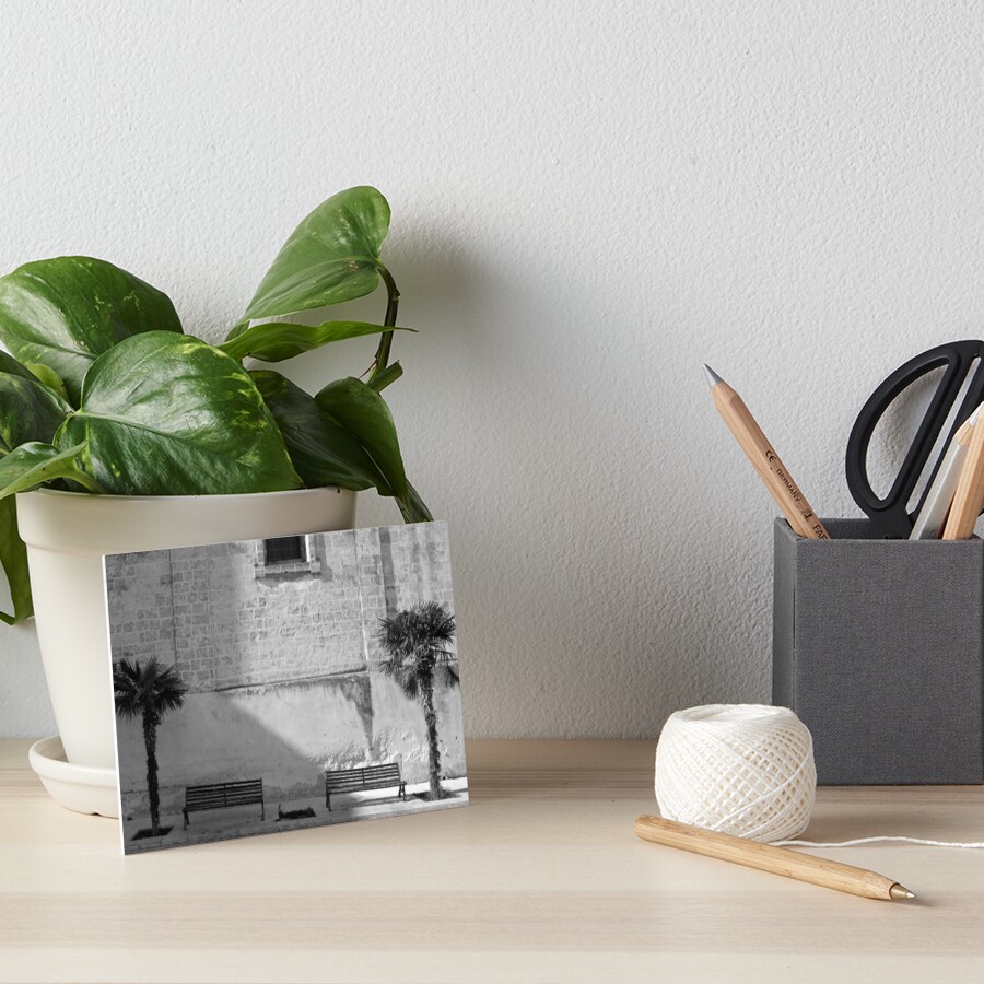 Monochrome bench and trees, Puglia Art Board Print