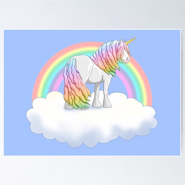 Pretty Rainbow Unicorn Clouds Colorful Falling Stars Poster for