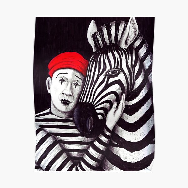 Zebra and Mime pen, ink, and colored pencils drawing Poster