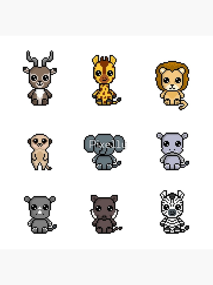 9x Kawaii Chibi Pixel Safari Animals (Antelope, Giraffe, Lion ...