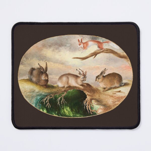 Item preview, Hare,Jackalope,Rabbit, and Spotted Squirrel in Woodland under Pink Clouds designed and sold by BulganLumini.