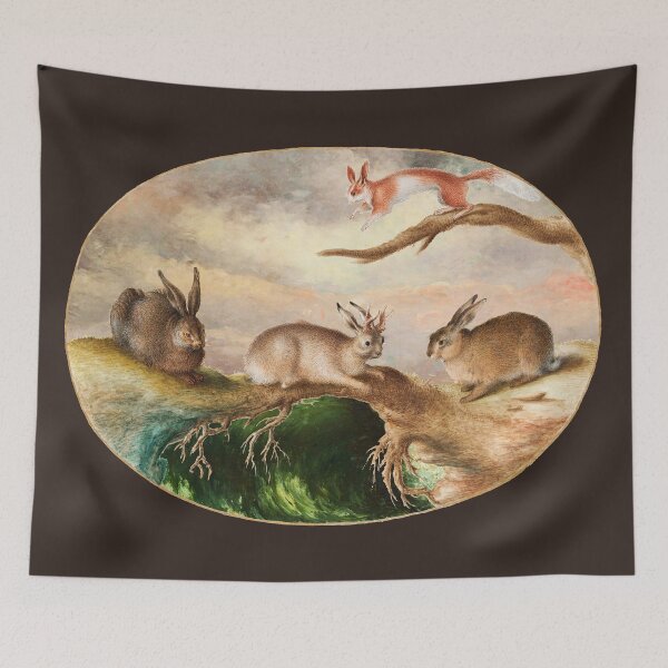 Item preview, Hare,Jackalope,Rabbit, and Spotted Squirrel in Woodland  under Pink Clouds designed and sold by BulganLumini.
