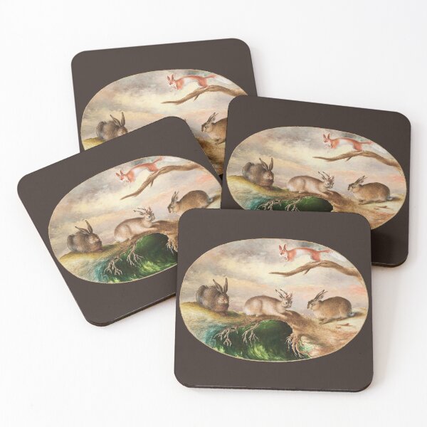 Item preview, Hare,Jackalope,Rabbit, and Spotted Squirrel in Woodland  under Pink Clouds designed and sold by BulganLumini.