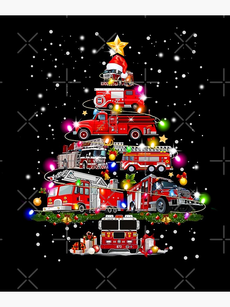 "Firefighter Christmas Tree Fire Truck Xmas Fireman Red Retro" Poster