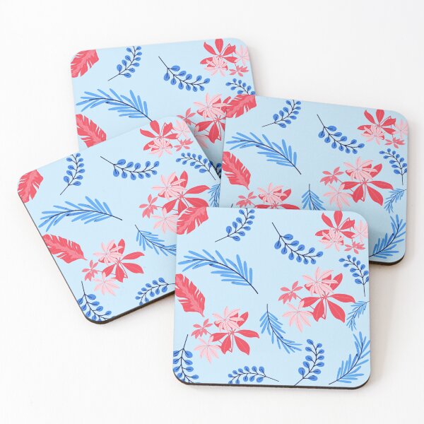 Item preview, coaster with blue leaves and red feathers designed and sold by bohemedesign.