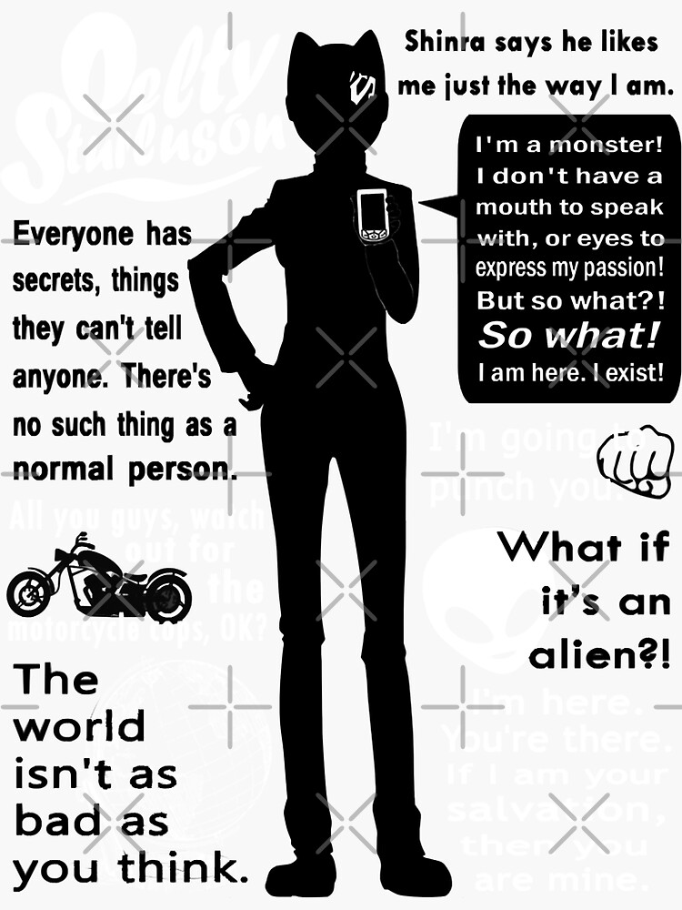 Aperçu 3 sur 3. Sticker avec l'œuvre Hommes Femmes Celty Sturulson Citations Impressionnant Durarara Anime Pour Les Cinéphiles créée et vendue par Timothymati2828.