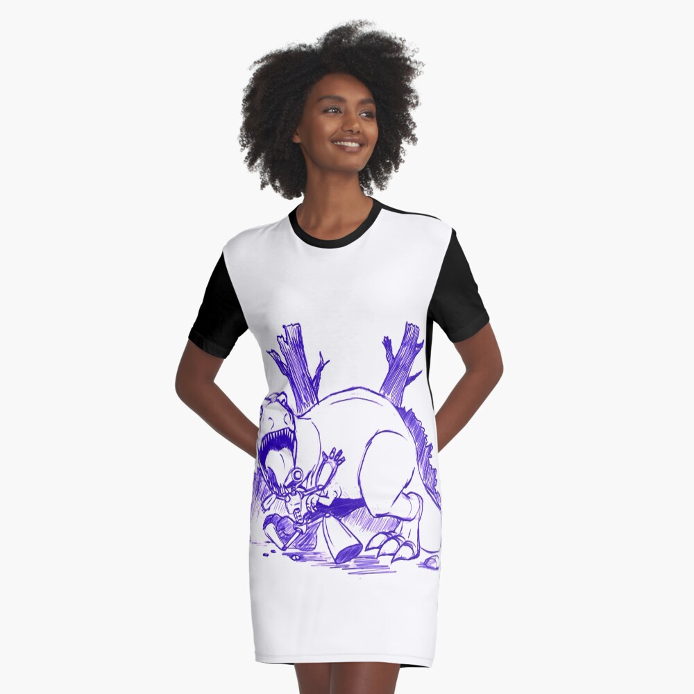 Dinosaurs And Robots- blue version Graphic T-Shirt Dress