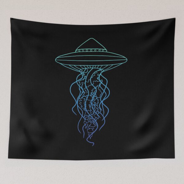 Item preview,  Blue Green UFO Jellyfish Line Drawing on Black  designed and sold by Ciara Shortall.