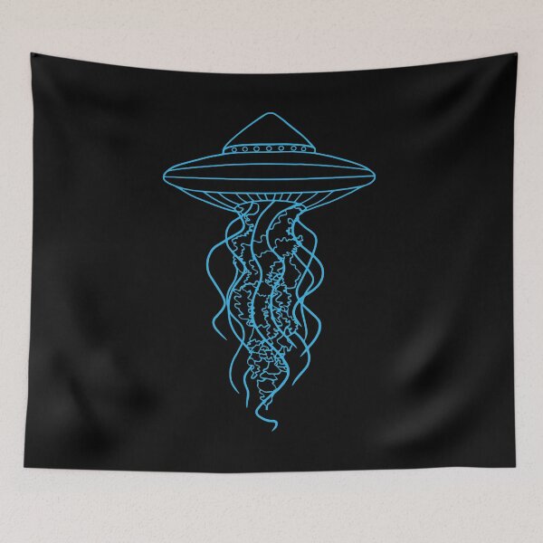 Item preview, Blue Glow UFO Jellyfish Line Drawing on Black  designed and sold by Ciara Shortall.