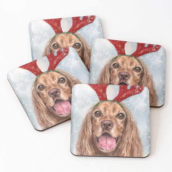 Item preview, Painting of a Smiling Cocker Spaniel with a Reindeer Headpiece Antlers Costume in the Snow designed and sold by ibadishi.