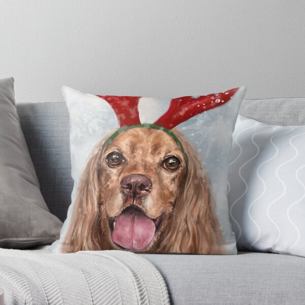 Aperçu de l'œuvre Peinture d'un Cocker Spaniel souriant avec un costume de bois de corne de renne dans la neige créée et vendue par ibadishi.