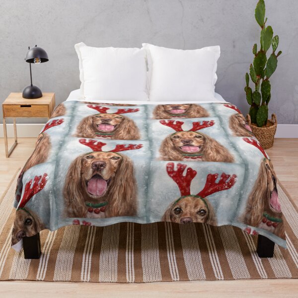 Item preview, Painting of a Smiling Cocker Spaniel with a Reindeer Headpiece Antlers Costume in the Snow designed and sold by ibadishi.