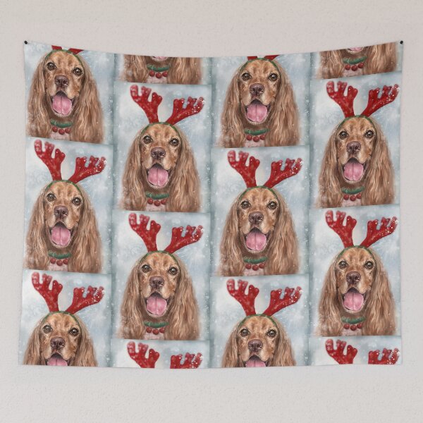 Item preview, Painting of a Smiling Cocker Spaniel with a Reindeer Headpiece Antlers Costume in the Snow designed and sold by ibadishi.