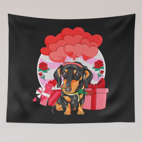 Artikelvorschau, Dackel Valentinstag Hund Herz Luftballons Blumen entworfen und verkauft von virnmjan.