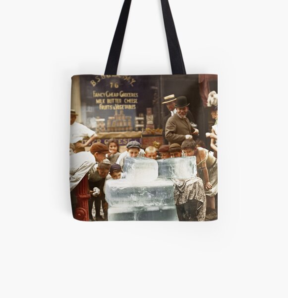 Licking blocks of ice during heat wave in New York, July, 1911 All Over Print Tote Bag