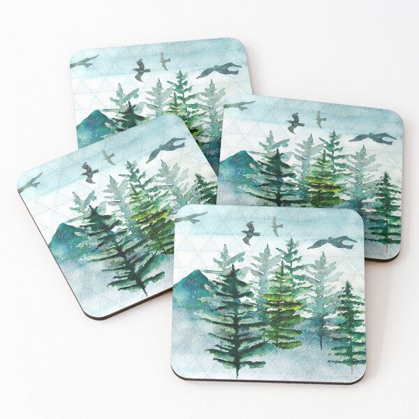 Item preview,   Winter geometric design with green watercolors trees and birds  designed and sold by InnaMGraphic.