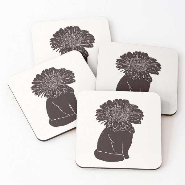 Item preview, Minimalist Flowerhead black cat linocut style illustration designed and sold by behindtheclouds.