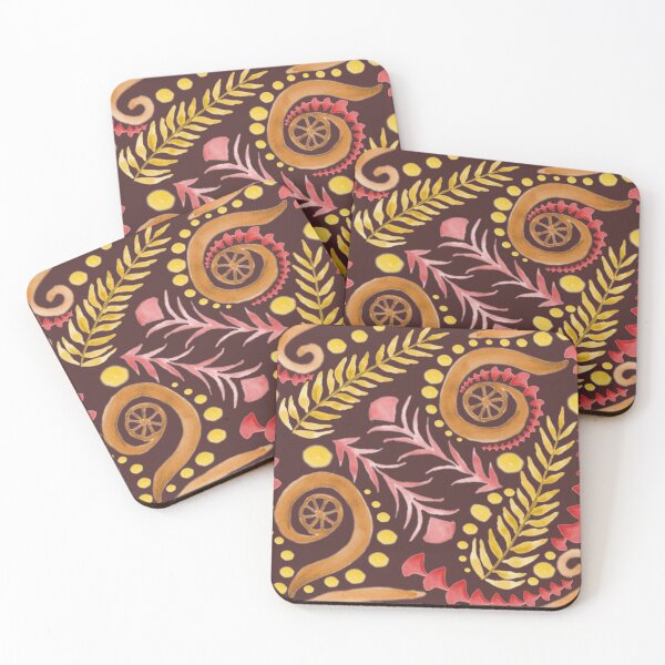 Item preview, Watercolor Botanical Motifs - Warm Colors on Brown designed and sold by PaintInTheNight.