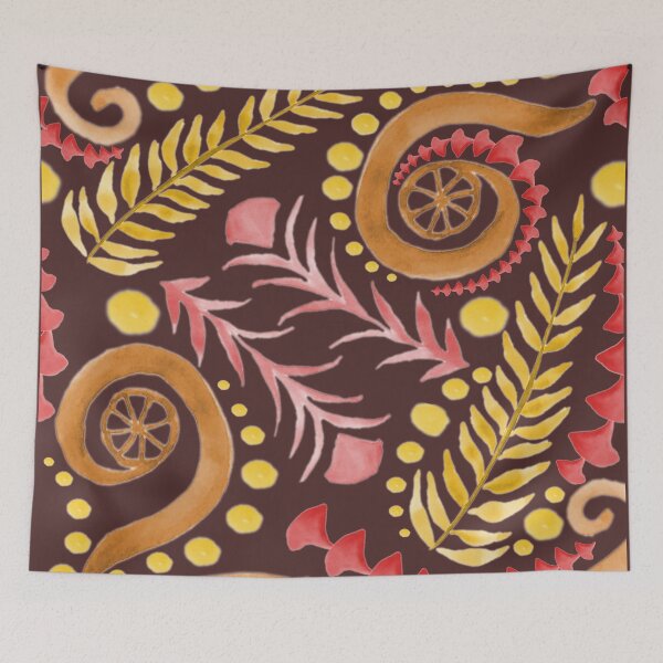 Item preview, Watercolor Botanical Motifs - Warm Colors on Brown designed and sold by PaintInTheNight.