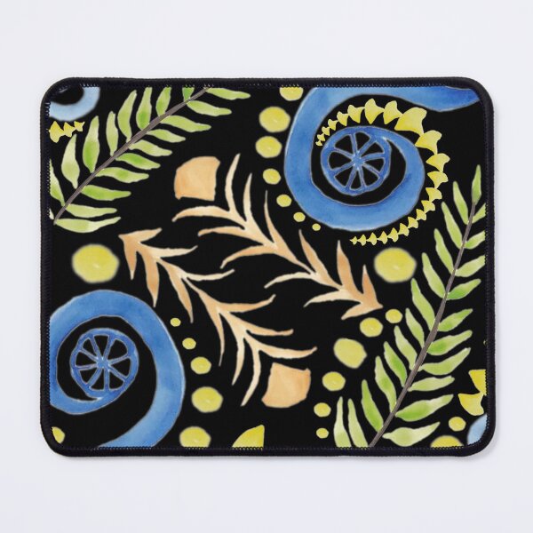Item preview, Watercolor Botanical Motifs - Blues, Greens, Oranges and Yellows on Black designed and sold by PaintInTheNight.