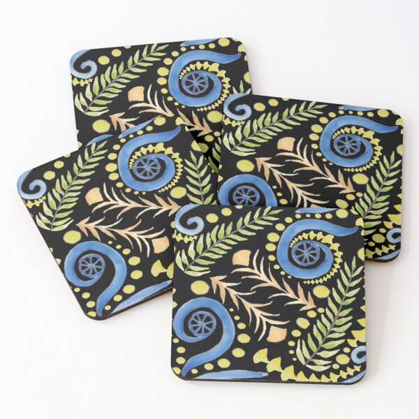Item preview, Watercolor Botanical Motifs - Blues, Greens, Oranges and Yellows on Black designed and sold by PaintInTheNight.