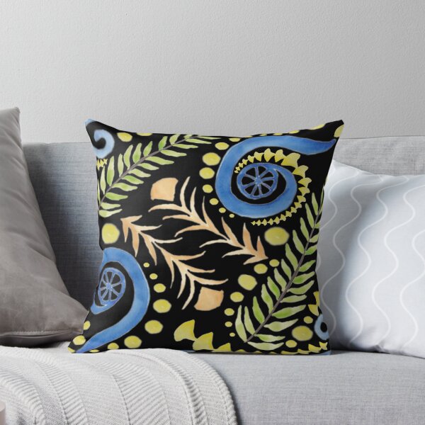 Aperçu de l'œuvre Motifs botaniques à l'aquarelle - Bleus, verts, oranges et jaunes sur fond noir créée et vendue par PaintInTheNight.