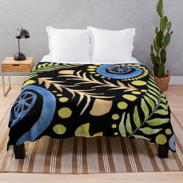 Item preview, Watercolor Botanical Motifs - Blues, Greens, Oranges and Yellows on Black designed and sold by PaintInTheNight.
