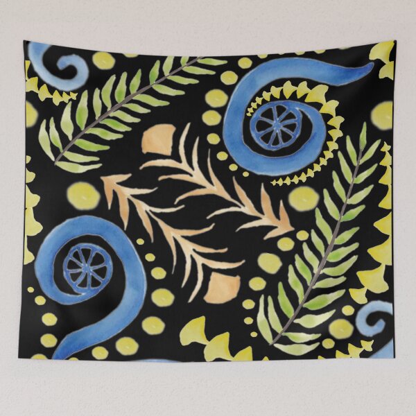 Item preview, Watercolor Botanical Motifs - Blues, Greens, Oranges and Yellows on Black designed and sold by PaintInTheNight.