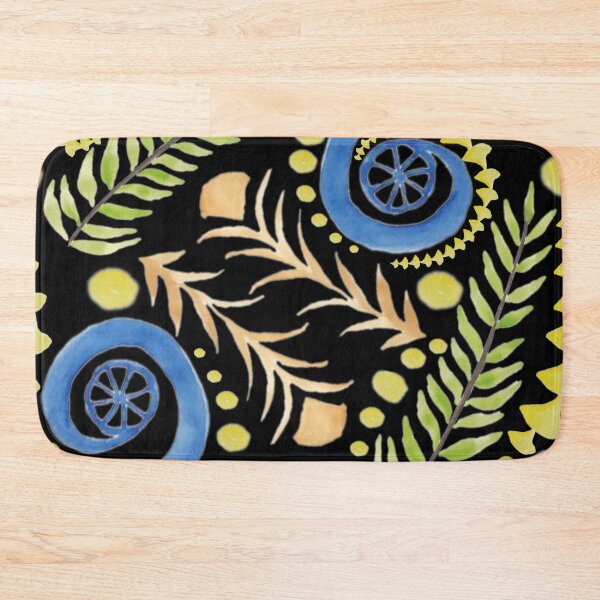 Item preview, Watercolor Botanical Motifs - Blues, Greens, Oranges and Yellows on Black designed and sold by PaintInTheNight.