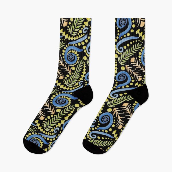 Item preview, Watercolor Botanical Motifs - Blues, Greens, Oranges and Yellows on Black designed and sold by PaintInTheNight.