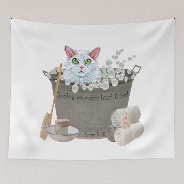 Item preview, Selkirk Rex Cat in Bubble Bath Bible Verse Create In Me A Clean Heart, Oh God. designed and sold by TheKingdomAttic.