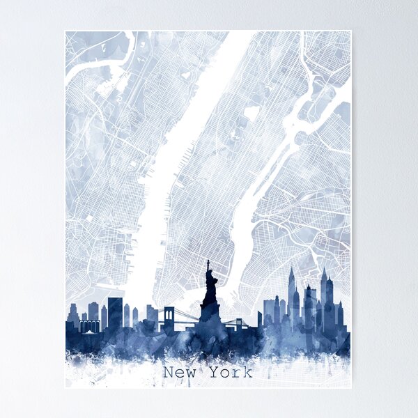 Item preview, New York Skyline & Map Watercolor Navy Blue, Print by Zouzounio Art designed and sold by zouzounioart.