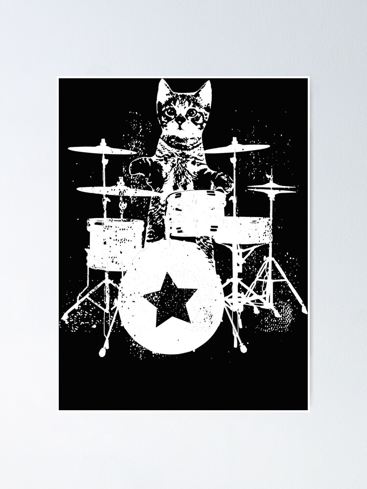 "Rockstar Kitty beats Drums in black Essential TShirt.png" Poster for