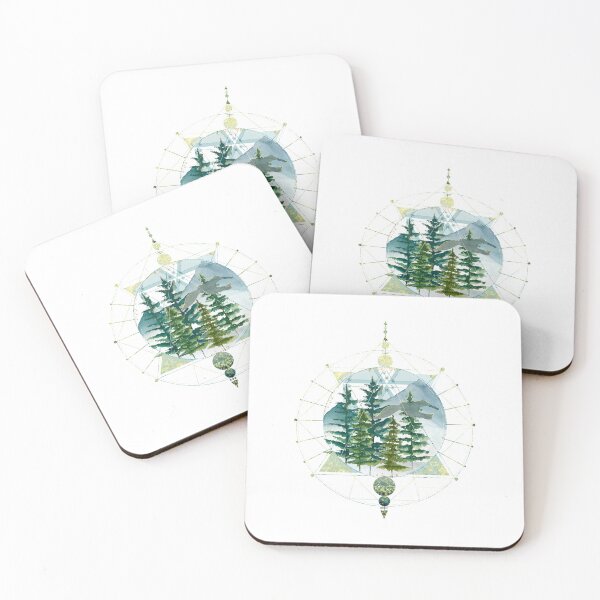Item preview, Winter geometric design with green watercolors trees and flying free solo bird in golden circle divided by  triangles and rectangles  designed and sold by InnaMGraphic.