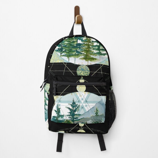 Item preview, Winter geometric design with green watercolors trees and flying free solo bird in golden circle divided by  triangles and rectangles  designed and sold by InnaMGraphic.