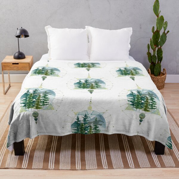 Item preview, Winter geometric design with green watercolors trees and flying free solo bird in golden circle divided by  triangles and rectangles  designed and sold by InnaMGraphic.