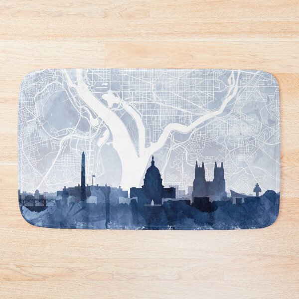 Artikelvorschau, Washington DC Skyline & Map Aquarell Marineblau, Druck von Zouzounio Art entworfen und verkauft von zouzounioart.