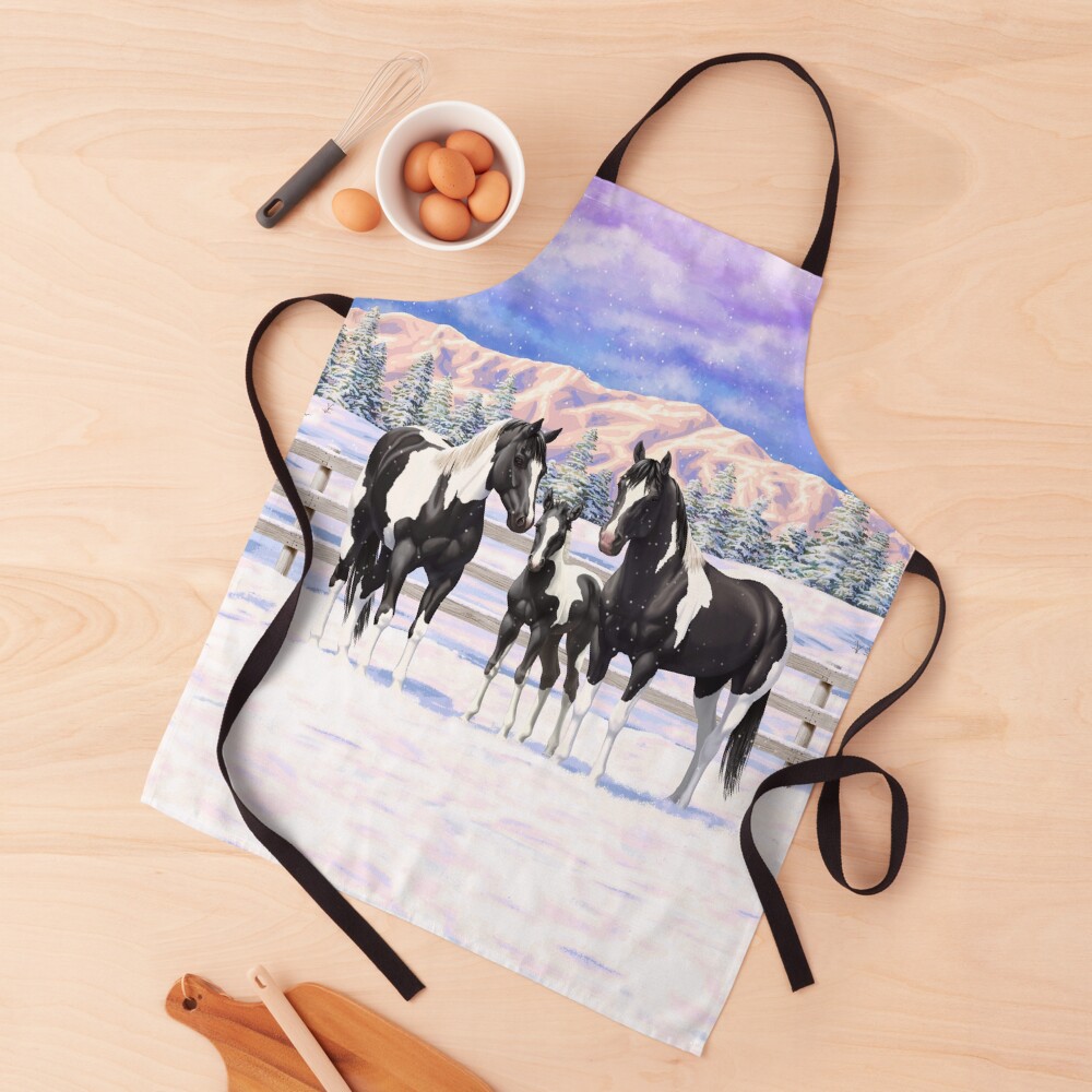 Black Paint Horse Pinto Quarter Horses in Snow Apron