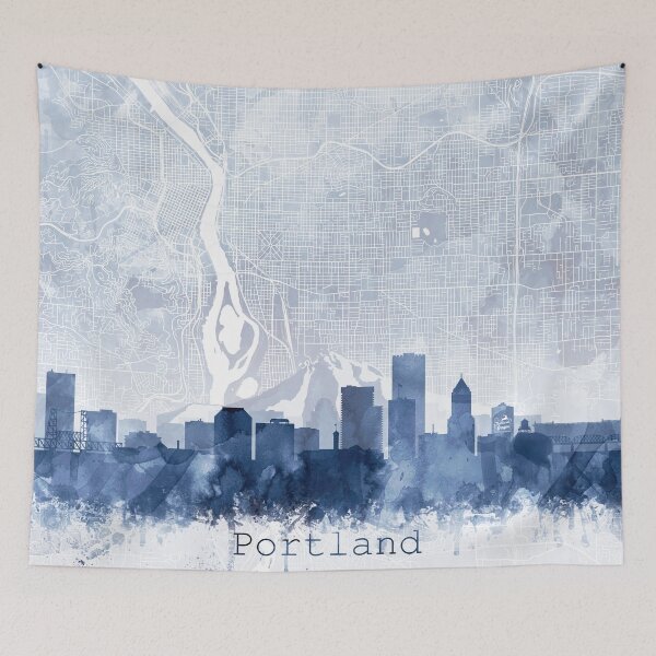 Item preview, Portland Skyline & Map Watercolor Navy Blue, Print by Zouzounio Art designed and sold by zouzounioart.