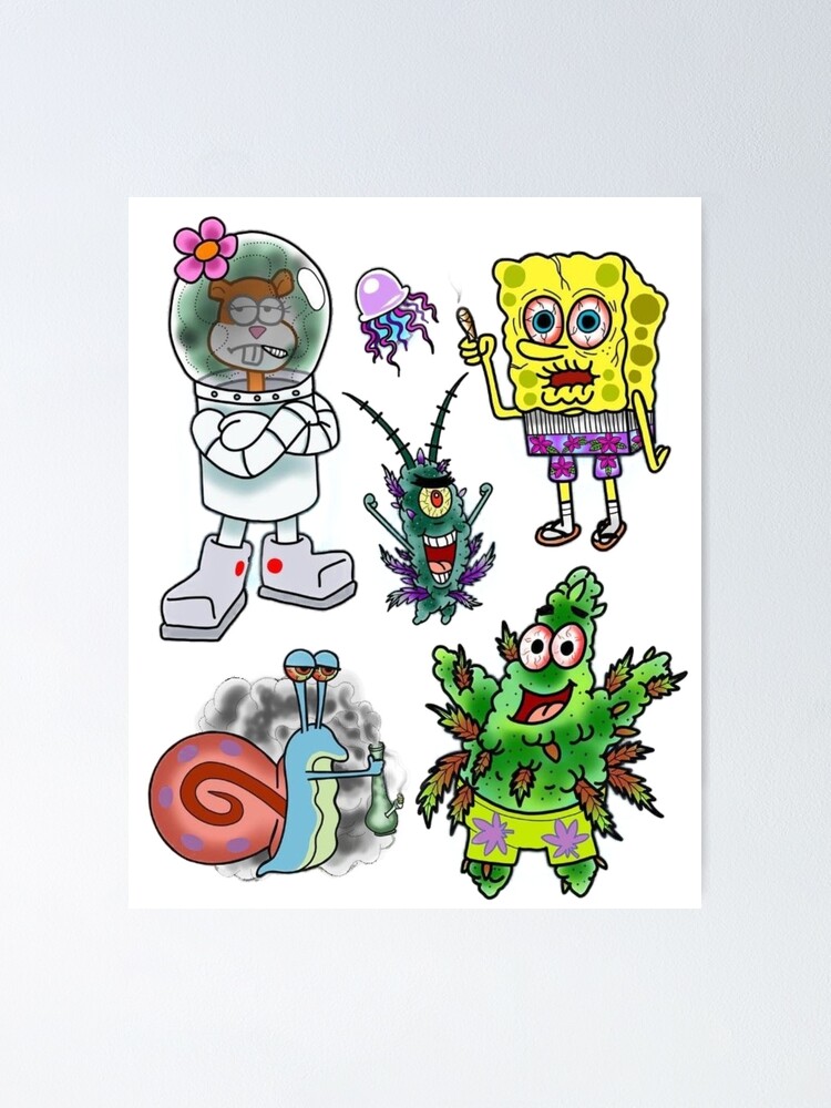 Sandy, plankton, spongebob, patrick, Gary and a jellyfish on cloud