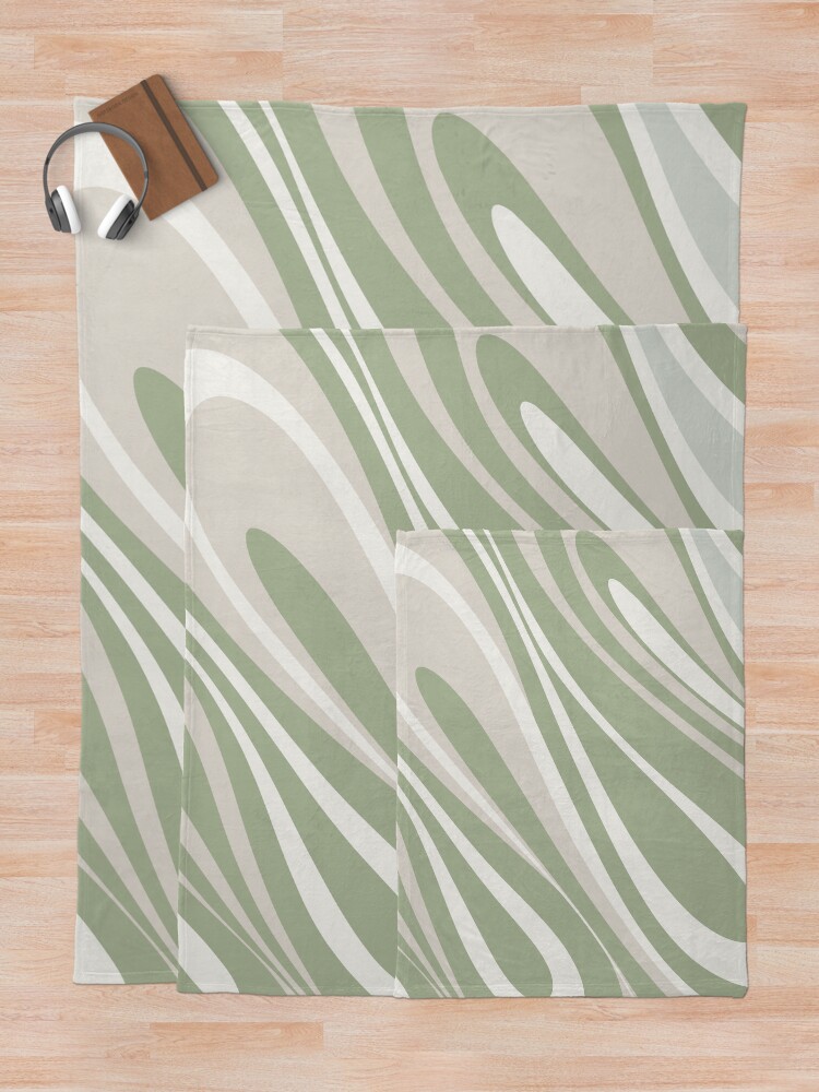 Thumbnail 5 of 6, Throw Blanket, Fluid Vibes Retro Aesthetic Swirl Abstract Pattern Sage Green Cream Beige designed and sold by kierkegaard.