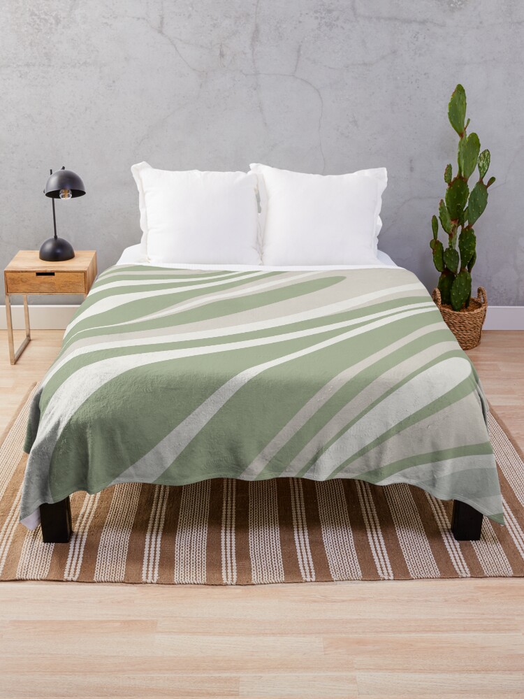 Thumbnail 1 of 6, Throw Blanket, Fluid Vibes Retro Aesthetic Swirl Abstract Pattern Sage Green Cream Beige designed and sold by kierkegaard.