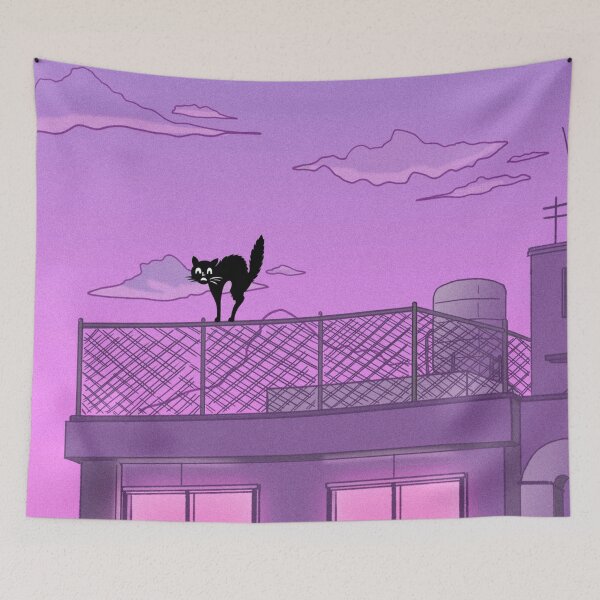 Item preview, Scared black cat on pastel purple building - pixel artwork cityscape designed and sold by Kawaiishizz.