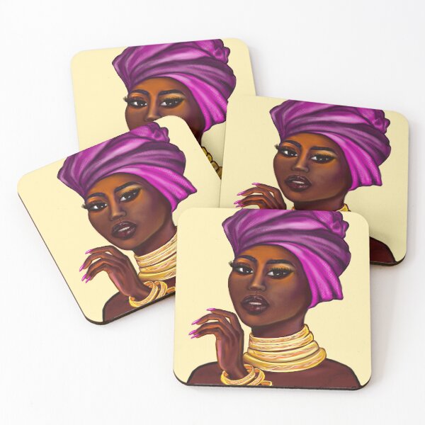Item preview, Queen Black is beautiful black girl with Gold bangles, neck ring necklace, purple dress and head wrap, brown eyes and dark brown skin ! designed and sold by Artonmytee.