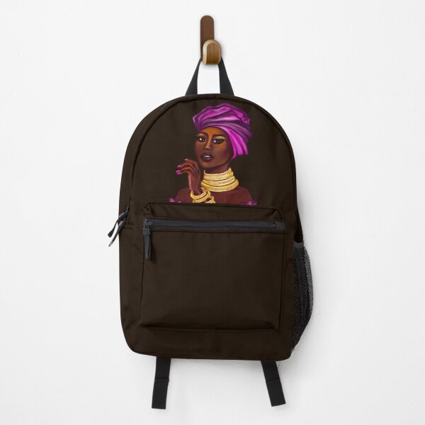 Item preview, Queen Black is beautiful black girl with Gold bangles, neck ring necklace, purple dress and head wrap, brown eyes and dark brown skin ! designed and sold by Artonmytee.