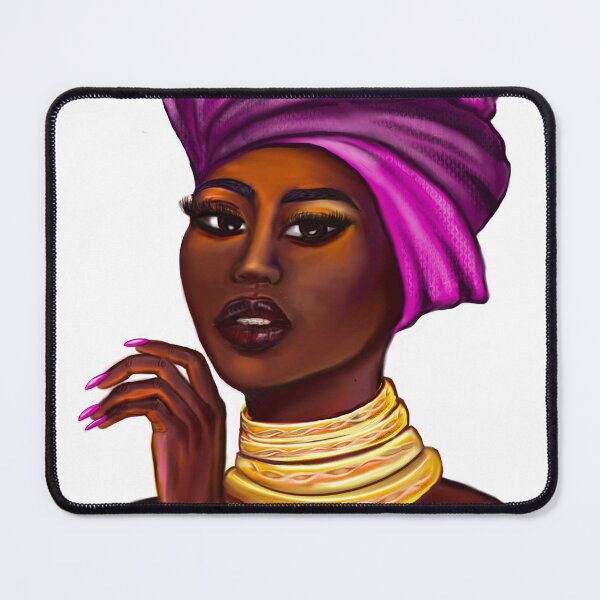 Item preview, Queen Black is beautiful black girl with Gold bangles, neck ring necklace, purple dress and head wrap, brown eyes and dark brown skin ! designed and sold by Artonmytee.